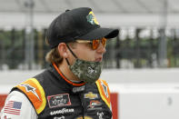 FILE - In this June 28, 2020, file photo, Noah Gragson is interviewed before the NASCAR Xfinity Series auto race at Pocono Raceway in Long Pond, Pa. Gragson returns to home track Las Vegas Motor Speedway for Saturday’s Xfinity Series race embroiled in controversy following last week’s wreck at Homestead-Miami Speedway. (AP Photo/Matt Slocum, File)