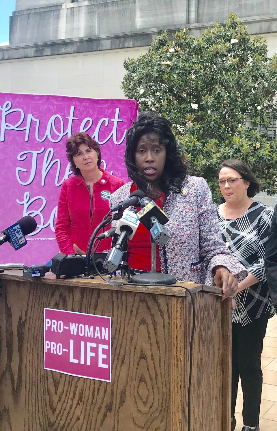 In this file photo, Rep. Katrina Jackson, D-Monroe, and Sen. Beth Mizell, R-Franklinton (back left), speak at a press conference supporting Jackson's anti-abortion rights bill on May 21, 2022. Jackson is currently co-authoring a bill that would require all Alternatives to Abortion money to go through a single, not-yet-chosen nonprofit organization before it reaches the pregnancy centers.