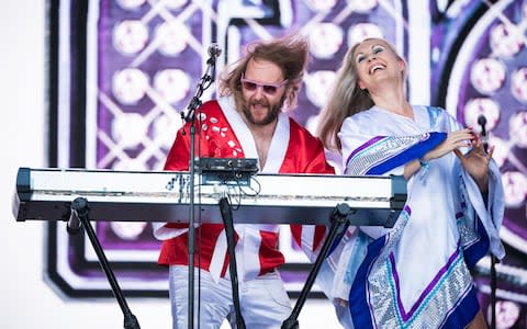 Bjorn Again leading mass disco-dancing and mild hysteria - Credit: Ian Gavan/&nbsp;Getty Images