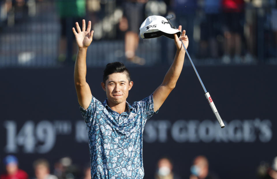 FILE - In this July 18, 2021, file photo, United States' Collin Morikawa celebrates on the 18th green after winning the British Open Golf Championship at Royal St George's golf course Sandwich, England. Morikawa is an example of American golfers helping to raise the profile of golf in the Olympics. (AP Photo/Peter Morrison, File)