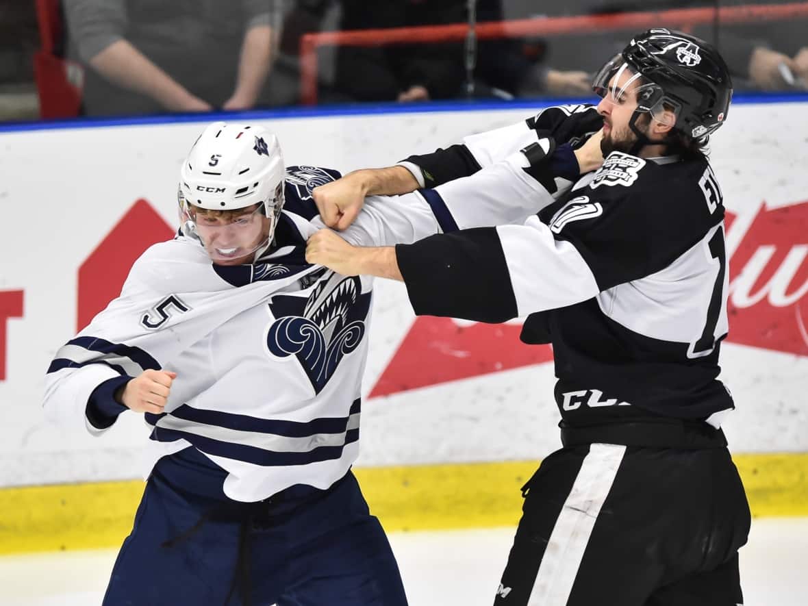 Thomas Ethier, left, and Jordan Lepage fight during a QMJHL game in 2018. (Minas Panagiotakis/Getty Images - image credit)