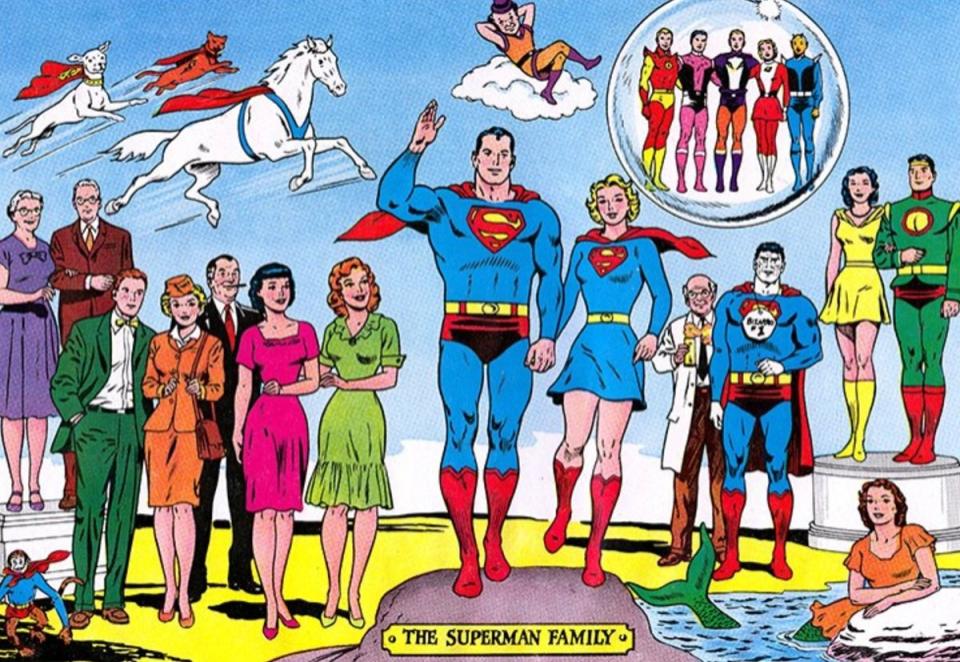 The Superman family of the Silver Age of comics, as drawn by Curt Swan.