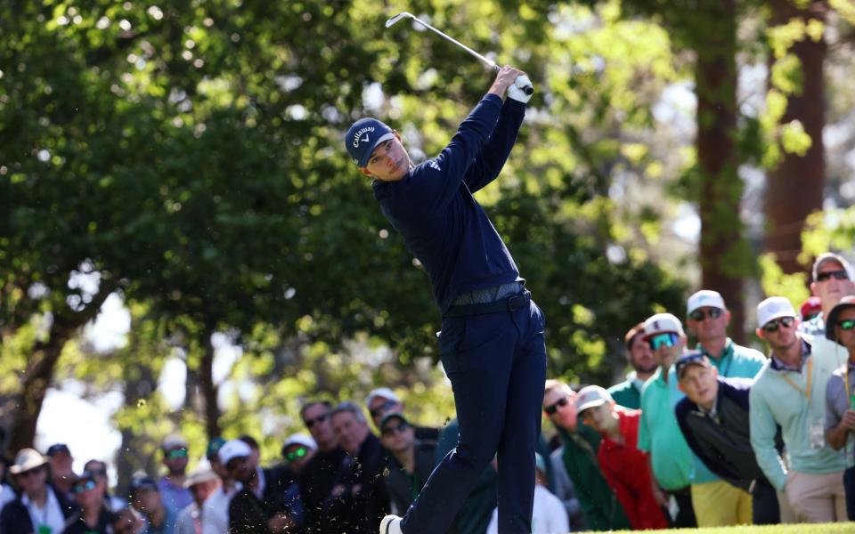 Nicolai Hojgaard playing his tee shot on the fourth hole