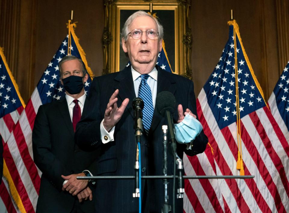 Senate Majority Leader Mitch McConnell, R-Ky., speaks to the media after a weekly luncheon in the US.. Capitol on Tuesday.