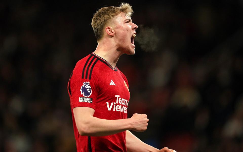 Manchester United's Rasmus Hojlund celebrates scoring their side's fourth goal of the game during the Premier League match at Old Trafford, Manchester. Picture date: Wednesday April 24, 2024