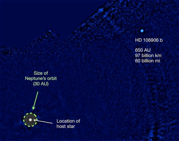 This is a discovery image of planet HD 106906 b in thermal infrared light. The planet is more than 20 times farther away from its star than Neptune is from the sun.