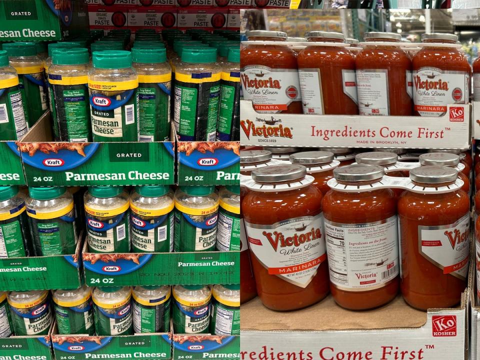 Green cylinder containers with Kraft parmesan cheese stacked in a display next to image of jars of sauces in two-packs on display at Costco