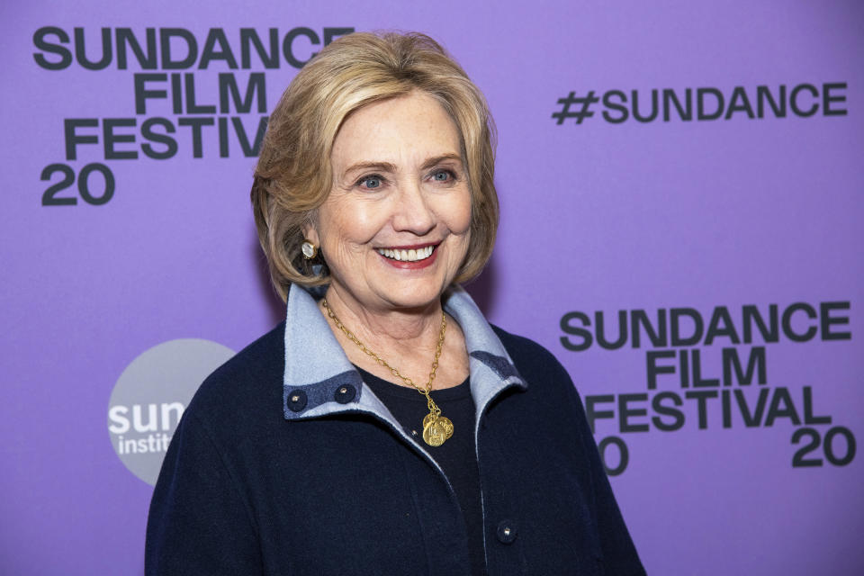 Hillary Clinton attends the premiere of "Hillary" at The Ray Theatre during the 2020 Sundance Film Festival on Saturday, Jan. 25, 2020, in Park City, Utah. (Photo by Charles Sykes/Invision/AP)