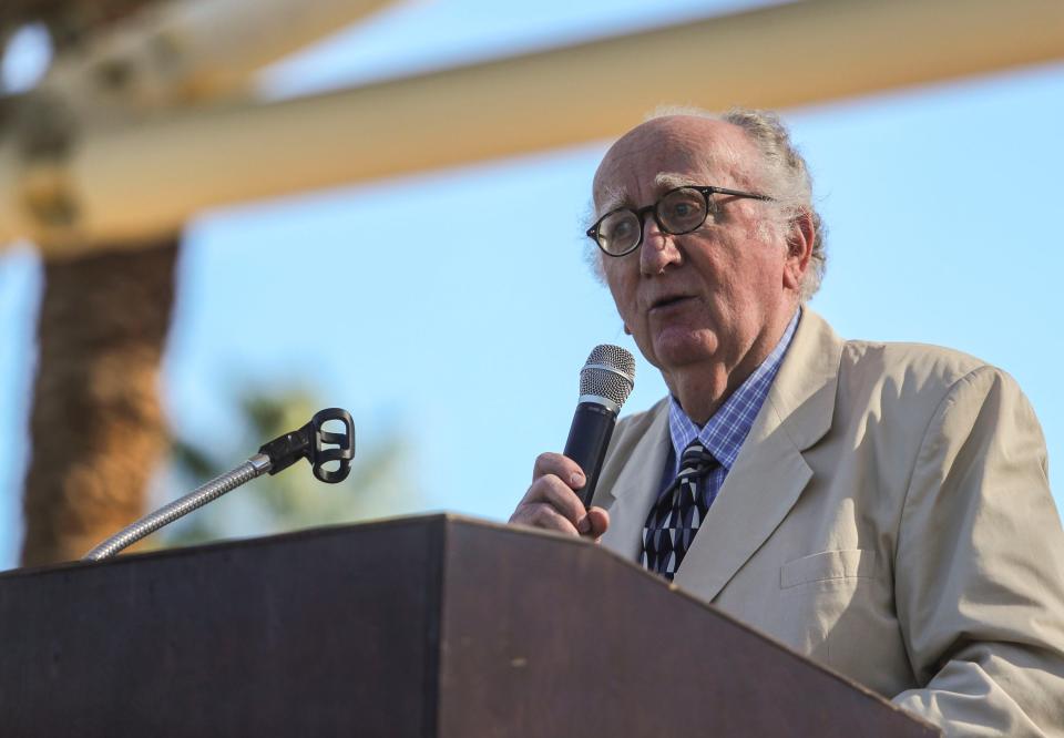 Steven Geiger speaks during the International Holocaust Remembrance Day ceremony at Civic Center Park in Palm Desert, Calif., Thursday, Jan. 27, 2022.