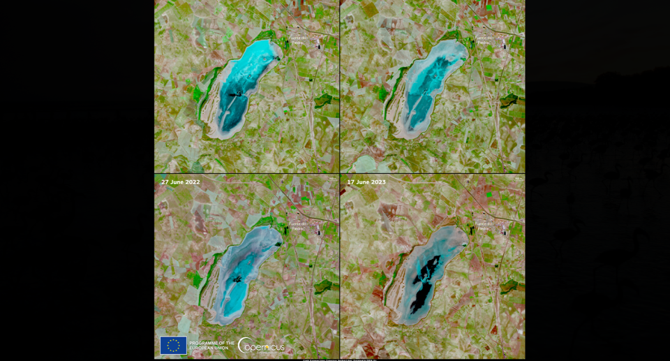 Din iunie 2020 până în iunie 2023, zonele umede Fuente de Piedra pot fi văzute în scădere rapidă.  Sursa: Copernicus Sentinel-2 Images EU