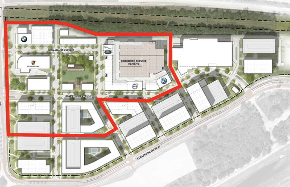 The 25-acre project before city council (outlined in red) is only the first half of Clearfork’s long-term development plan. Fort Worth Economic Development Department