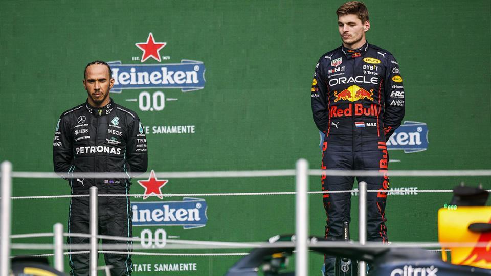 Max Verstappen and Lewis Hamilton are pictured on the F1 podium after the Mexico Grand Prix.