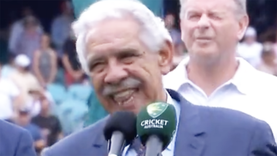 Uncle Allen Langer brought the house down with a hilarious Welcome to Country at the SCG ahead of the fourth Ashes Test. Picture: Channel 7