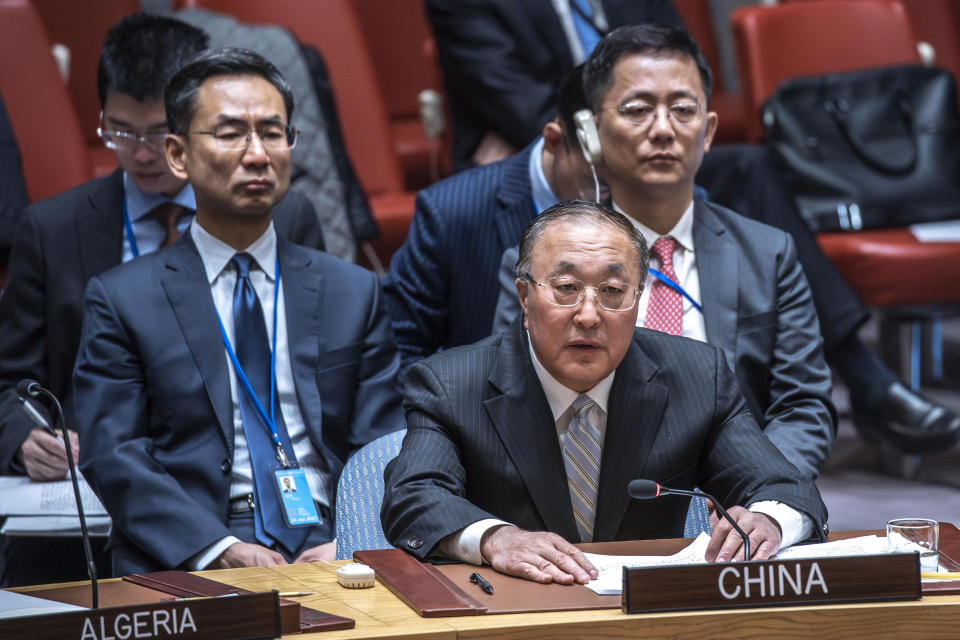 Zhang Jun, China's ambassador to the United Nations addresses during a meeting of the United Nations Security Council on maintenance of international peace and security Nuclear disarmament and non-proliferation, Monday, March 18, 2024, at U.N. headquarters. (AP Photo/Eduardo Munoz Alvarez)