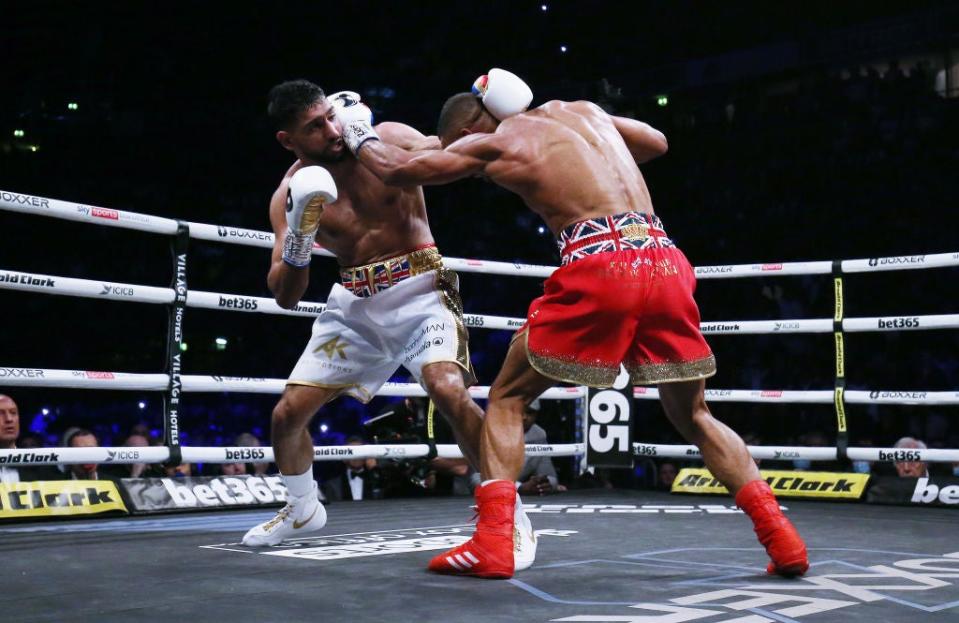 Khan fighting for the last time, against Kell Brook at Manchester Arena in February (Getty Images)