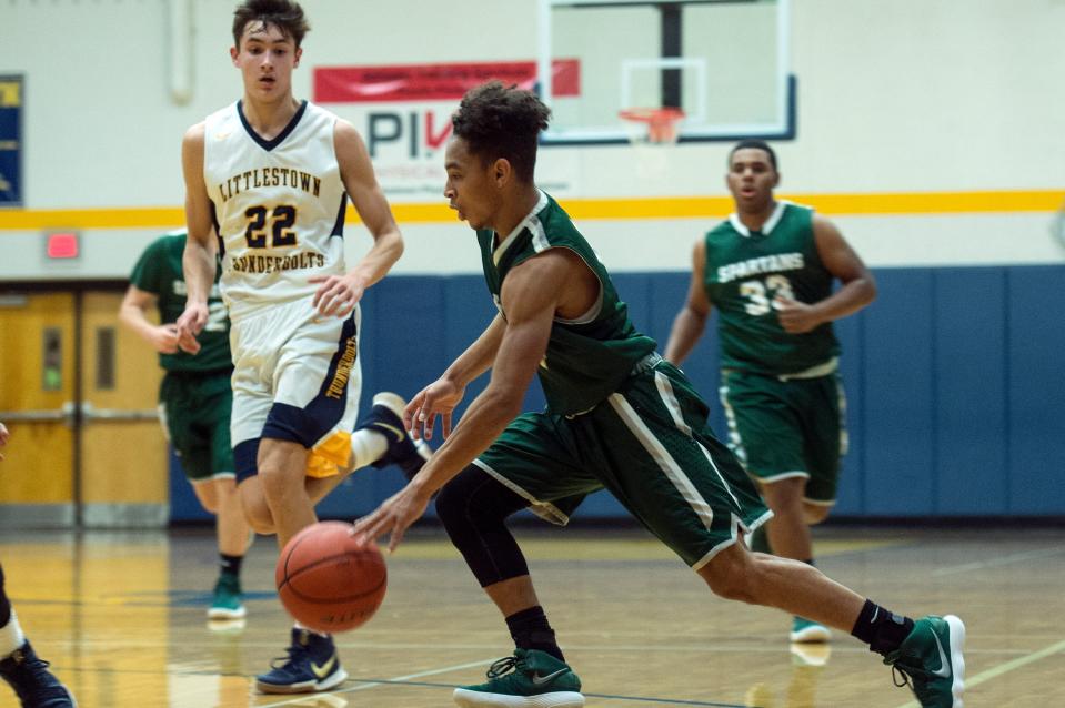 York Tech's Terence Romey runs the ball to the hoop, Wednesday, Jan. 10, 2018. The Littlestown Bolts beat the York County Tech Spartans, 61-44.