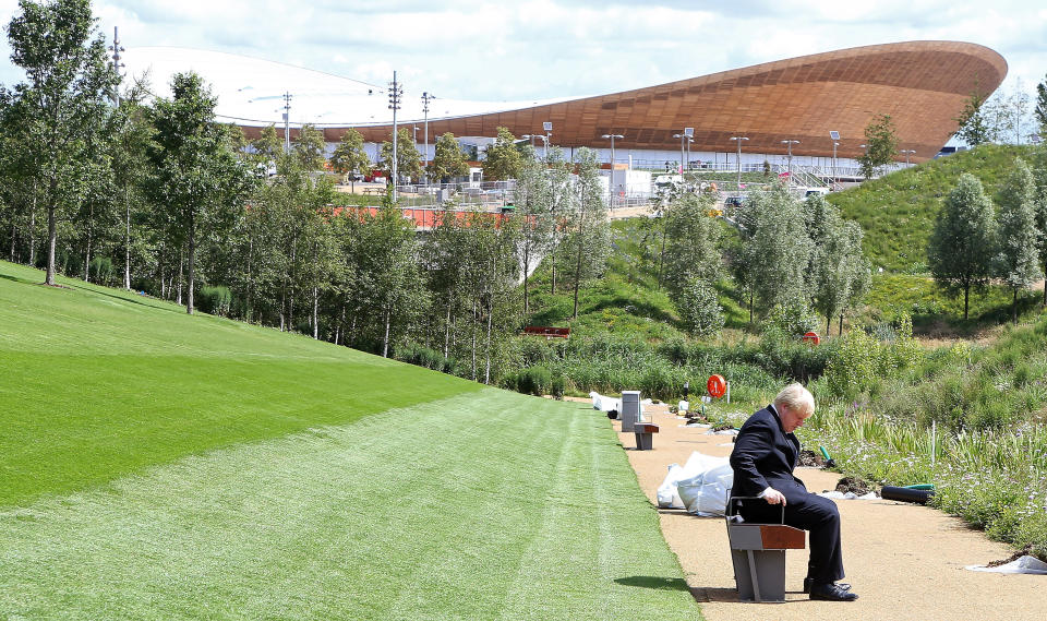 Mayor of London Boris Johnson visits the Olympic Park and Olympic Village in London.