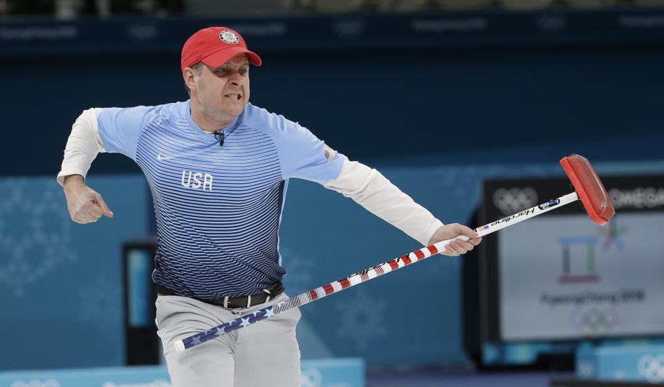 United States’s skip John Shuster reacts during the men’s final curling match against Sweden at the 2018 Winter Olympics in Gangneung, South Korea, Saturday, Feb. 24, 2018. (AP Photo/Natacha Pisarenko)