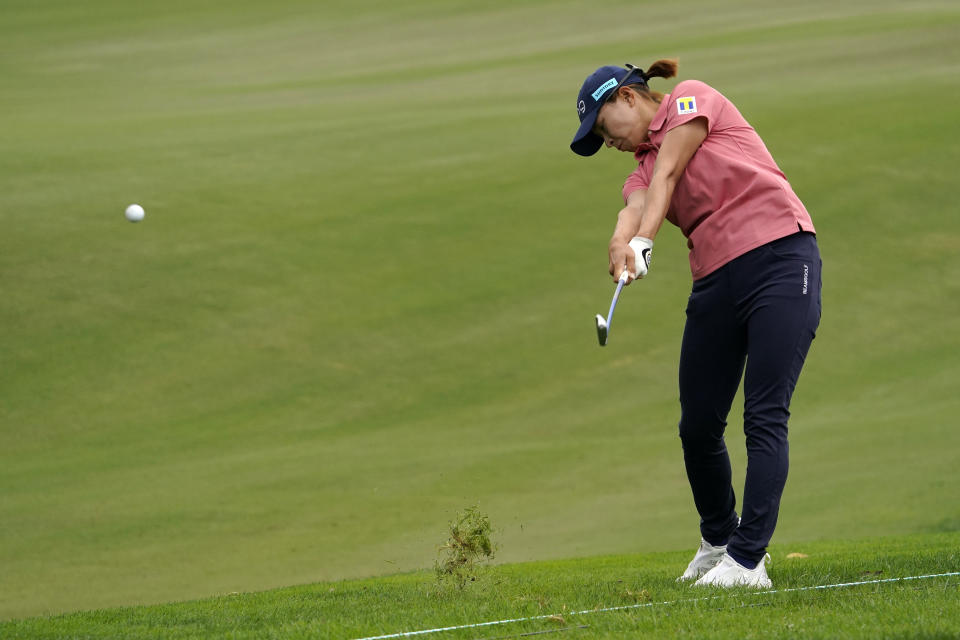 Hinako Shibuno, of Japan, makes her approach on the second hole during the first round of the MEDIHEAL Championship golf tournament Thursday, Oct. 6, 2022, in Somis, Calif. (AP Photo/Mark J. Terrill)