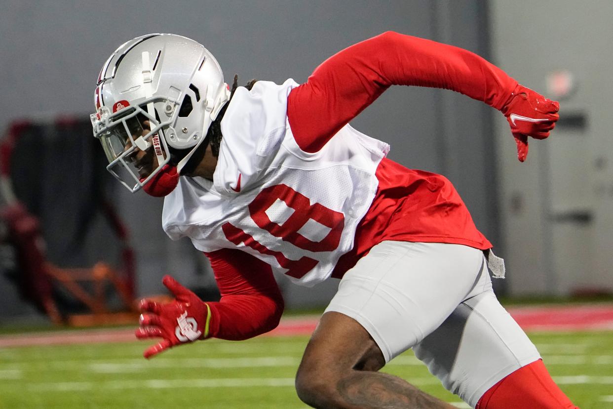 Mar 9, 2023; Columbus, Ohio, USA;  Ohio State Buckeyes cornerback Jyaire Brown (18) runs during spring football practice at the Woody Hayes Athletic Center. Mandatory Credit: Adam Cairns-The Columbus Dispatch