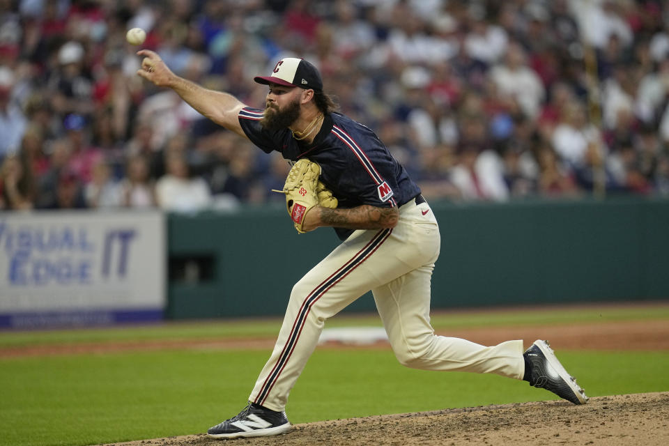 Cleveland Guardians' Hunter Gaddis pitches in the seventh inning of a baseball game against the Chicago White Sox, Tuesday, July 2, 2024, in Cleveland. (AP Photo/Sue Ogrocki)
