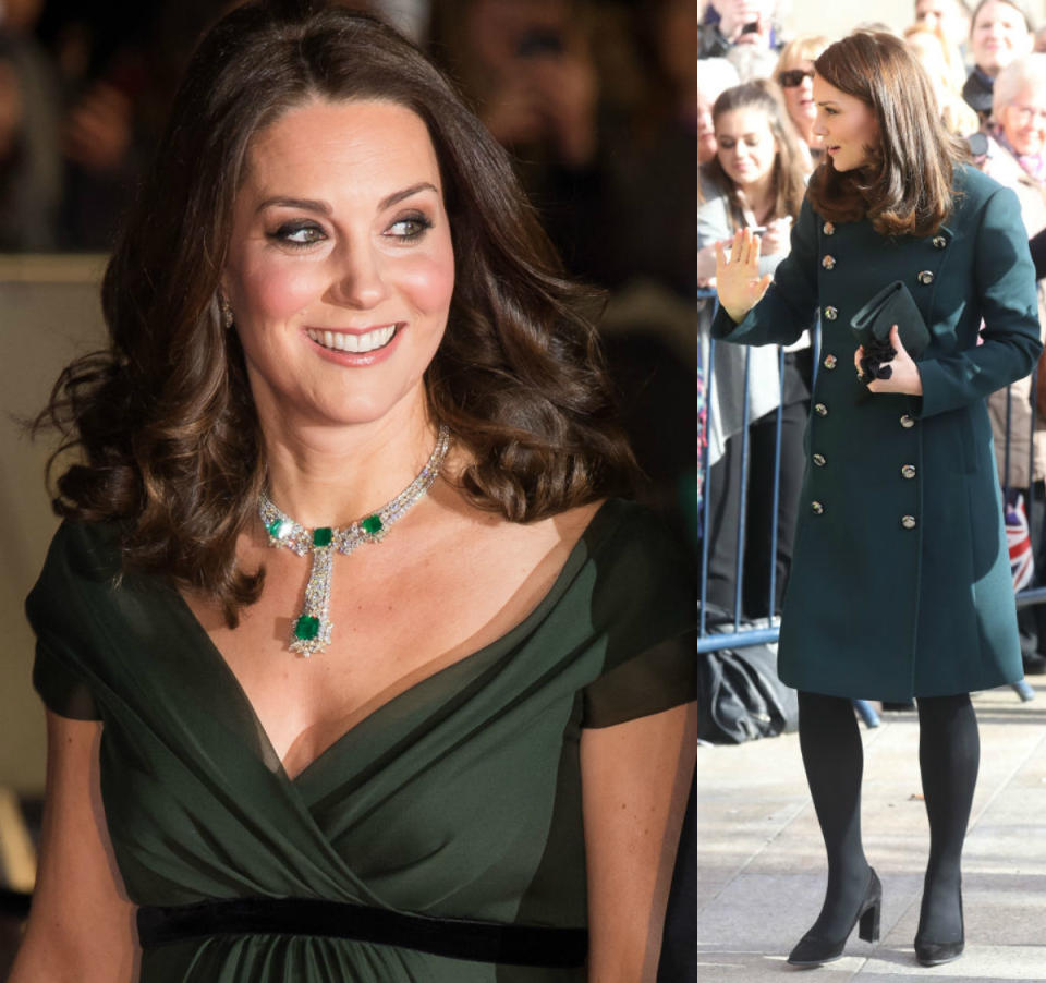 <p><strong>When: Feb. 2018</strong><br>Gorgeous, right? (Photo left: Kate stuns in hunter green Jenny Packham gown at Baftas on Sunday, and (right) green, double-breasted Dolce and Gabbana coat in Sunderland, England, on Wednesday. <em>(Photos: Getty)</em> </p>