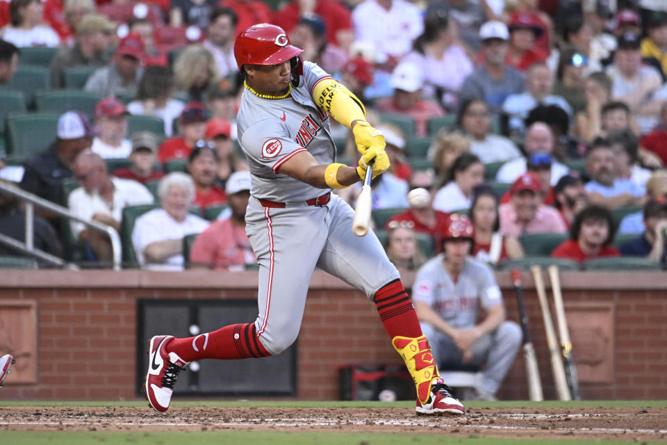 Cincinnati Reds' Noelvi Marte hits an RBI double against the St. Louis Cardinals during the third inning of a baseball game Thursday, June 27, 2024, in St. Louis. (AP Photo/Joe Puetz)