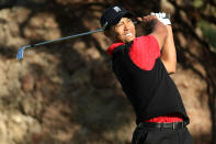 THOUSAND OAKS, CA - DECEMBER 04: Tiger Woods hits his tee shot on the 15th hole during the final round of the Chevron World Challenge at Sherwood Country Club on December 4, 2011 in Thousand Oaks, California. (Photo by Robert Meggers/Getty Images)