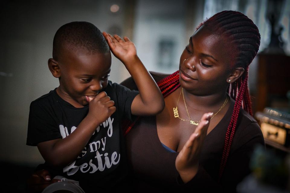 Kimberly Simon, 19, and her son Aiden Golden, 3, at their home in West Palm Beach, Fla., on November 2, 2022.