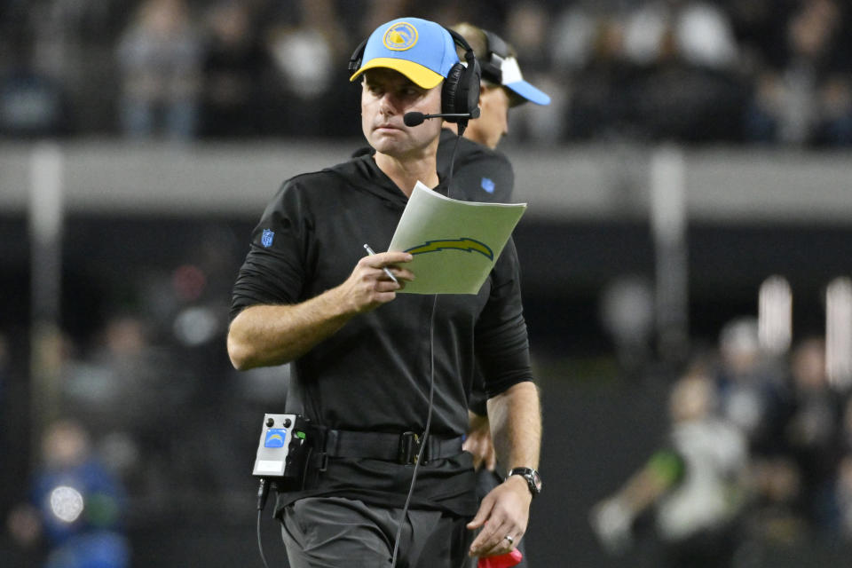 Los Angeles Chargers head coach Brandon Staley watches during the second half of an NFL football game against the Las Vegas Raiders, Thursday, Dec. 14, 2023, in Las Vegas. (AP Photo/David Becker)