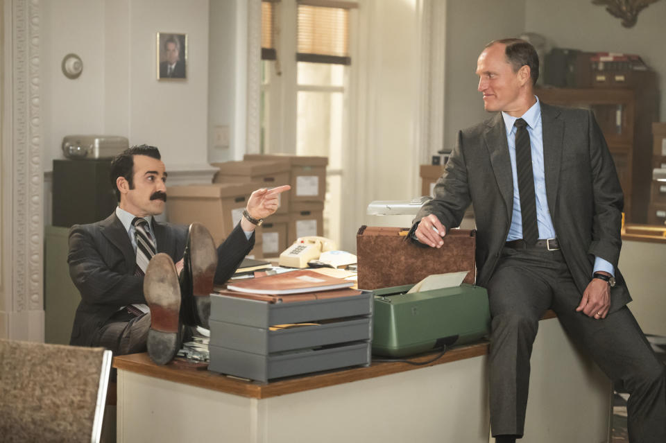 G. Gordon Liddy (Justin Theroux) and E. Howard Hunt (Woody Harrelson) in White House Plumbers. (Sky)