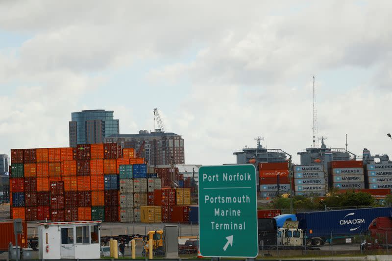 Containers are stacked at the Portsmouth Marine Terminal