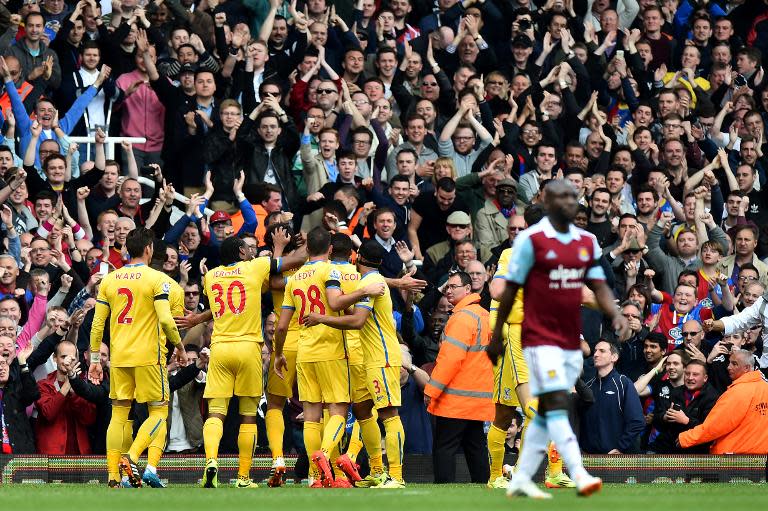 Crystal Palace celebrates win over West Ham United during an English Premier League football match at the Boleyn Ground, Upton Park, in east London on April 19, 2014