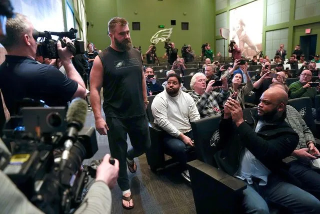 <p>AP Photo/Matt Rourke</p> Jason Kelce arrives for an NFL football press conference to announce his retirement in Philadelphia, Monday, March 4, 2024.