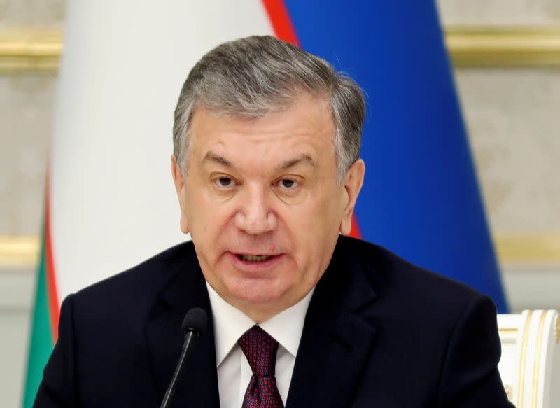 FILE PHOTO: Uzbek President Mirziyoyev attends a news conference with his Kazakh counterpart Tokayev in Tashkent