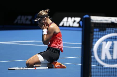 Tennis - Australian Open - Melbourne Park, Melbourne, Australia - 25/1/17 Croatia's Mirjana Lucic-Baroni reacts after winning her Women's singles quarter-final match against Czech Republic's Karolina Pliskova. REUTERS/Issei Kato