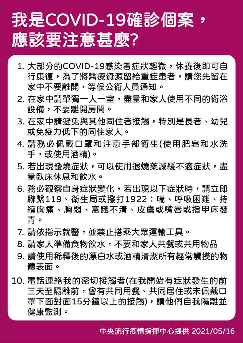 我是COVID-19確診個案，該怎麼辦?圖片來源：中央疫情指揮中心