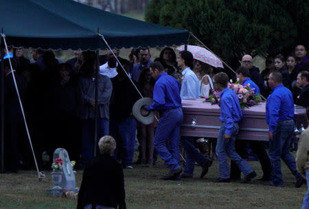 The caskets of Richard and Therese Rodriguez arrive at the graveside after the husband and wife were killed in the shooting at the First Baptist Church of Sutherland Springs in Texas, U.S., November 11, 2017. REUTERS/Rick Wilking