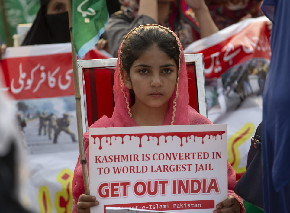 Supportersw of Pakistani religious party Jamaat-e-Islami rally to express solidarity with Indian Kashmiris, in Islamabad, Pakistan, Wednesday, Oct. 16, 2019. Pakistani and Indian troops traded fire in the disputed Himalayan region of Kashmir on Wednesday, killing four civilians and wounding nearly a dozen others, officials from both sides said, as tensions remain high between the two South Asian countries. (AP Photo/B.K. Bangash)