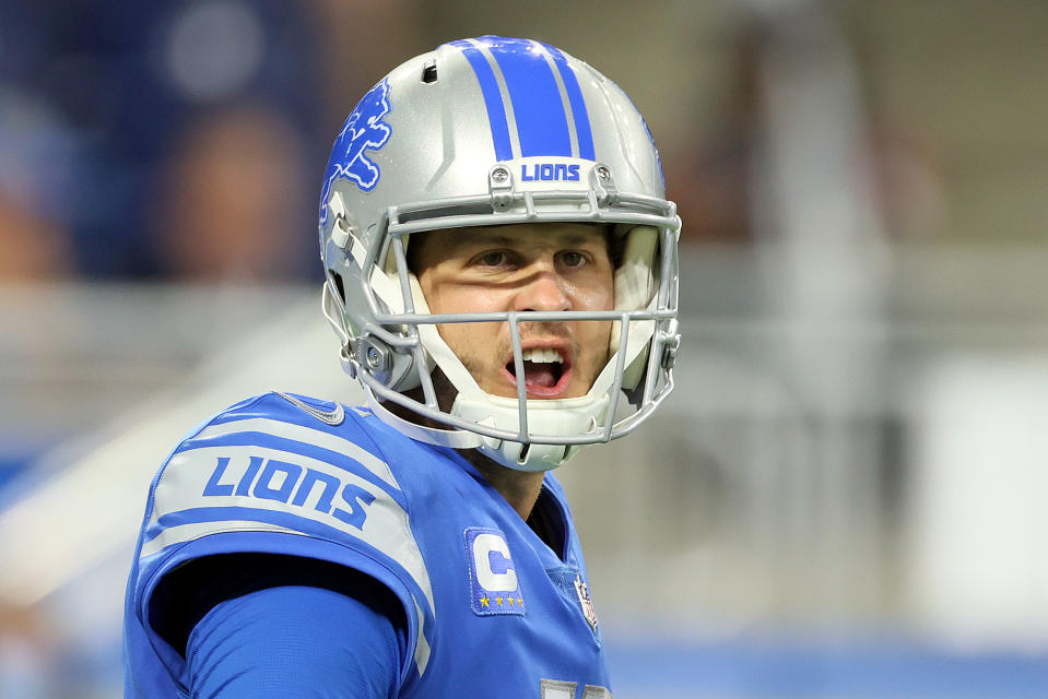 Detroit Lions quarterback Jared Goff (16) calls a play during an NFL football game between the Detroit Lions and the San Francisco 49ers in Detroit, Michigan USA, on Sunday, September 12, 2021. (Photo by Amy Lemus/NurPhoto via Getty Images)