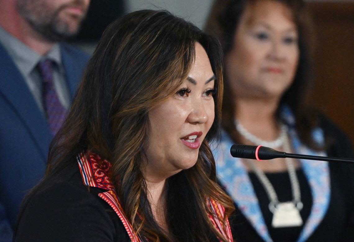 Deputy Superintendent Misty Her introduces herself as Fresno Unified’s new incoming Interim Superintendent at a press conference held Wednesday, May 8, 2024 in Fresno. Superintendent Bob Nelson is stepping down effective July 31.