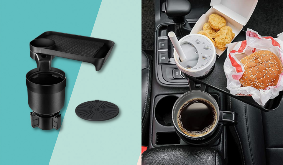 Black car cup holder and tray on blue background next to image of the cup holder extender sitting in a car's console.