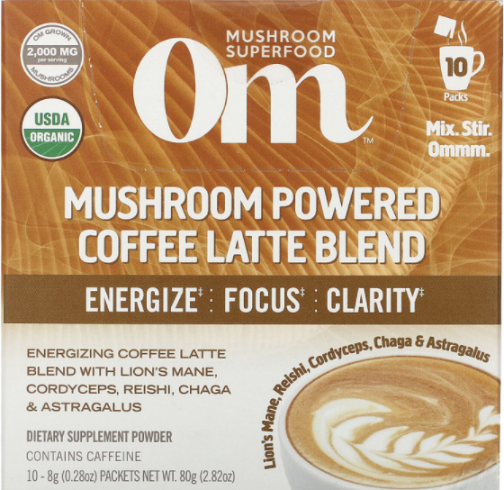 Om Mushrooms, Mushroom Powered Coffee Latte Blend, 10s, 8g each. PHOTO: iHerb