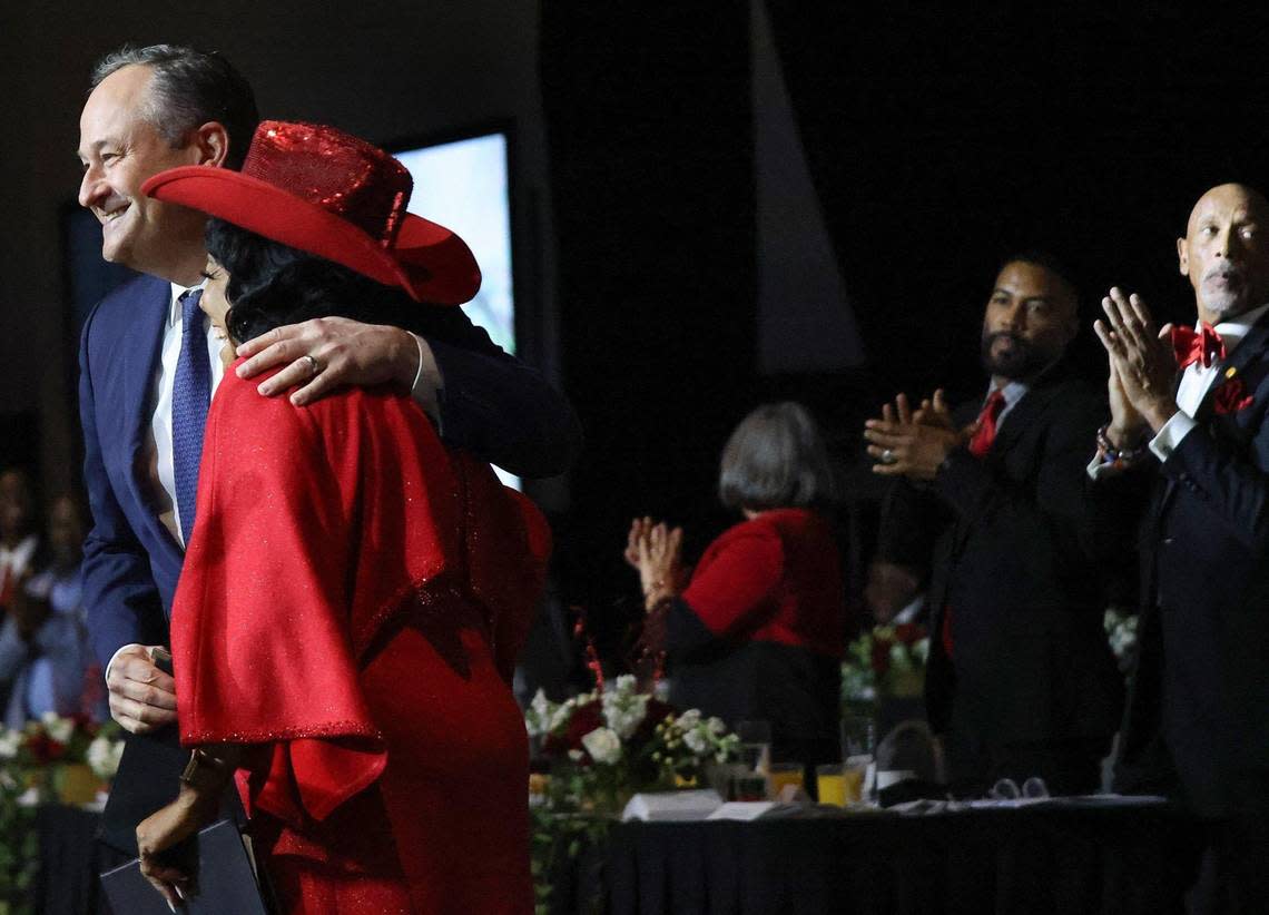 Second Gentleman Douglas Emhoff and U.S. Rep. Frederica Wilson embrace after her introduction during the 5000 Role Models of Excellence scholarship breakfast at the Miami Beach Convention Center on Monday, Jan. 16, 2023.