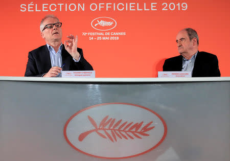 Cannes Film festival general delegate Thierry Fremaux and Cannes Film festival president Pierre Lescure attend a news conference to announce the official selection for the 72nd Cannes International Film Festival in Paris, France, April 18, 2019. REUTERS/Gonzalo Fuentes