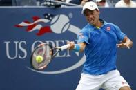 Aug 31, 2015; New York, NY, USA; Kei Nishikori of Japan returns a shot to Benoit Paire (not pictured) of France on day one of the 2015 U.S. Open tennis tournament at USTA Billie Jean King National Tennis Center. Mandatory Credit: Geoff Burke-USA TODAY Sports