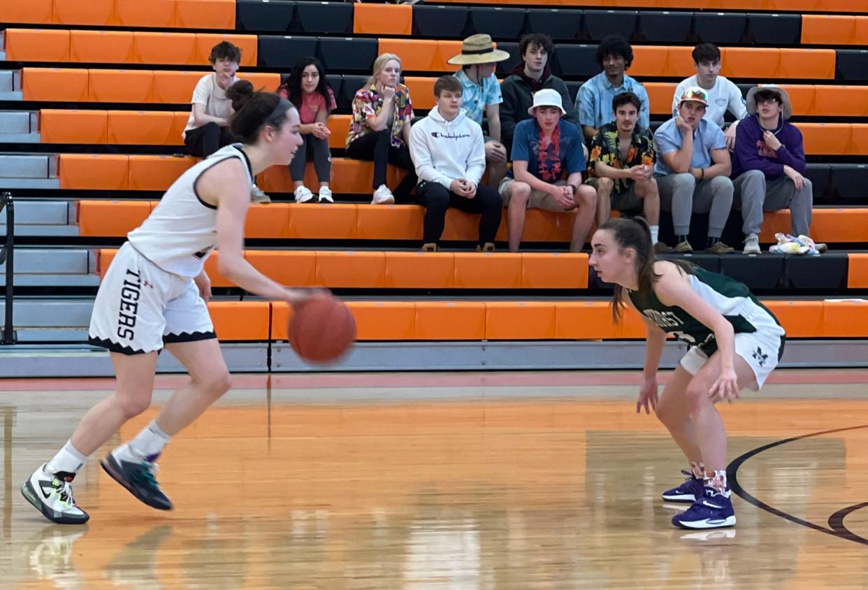 Fairview junior Hope Garrity looks to drive around the defense of Mercyhurst Prep's Lillirose Lang on Saturday, March 5, 2022, at Joan Mullen Gymnasium. Mercyhurst Prep beat Fairview 38-29 in the Distirct 10 Class 4A third-place game.
