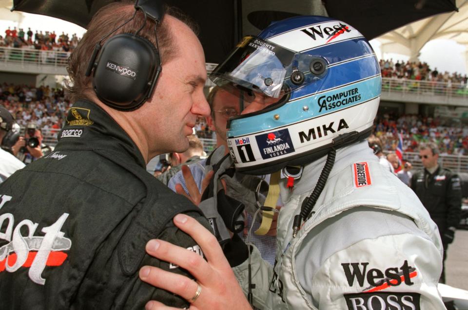 Mika Hakkinen (right) has a quick word with McLaren's chief designer Adrian Newey (left)  (Photo by John Marsh/EMPICS via Getty Images)