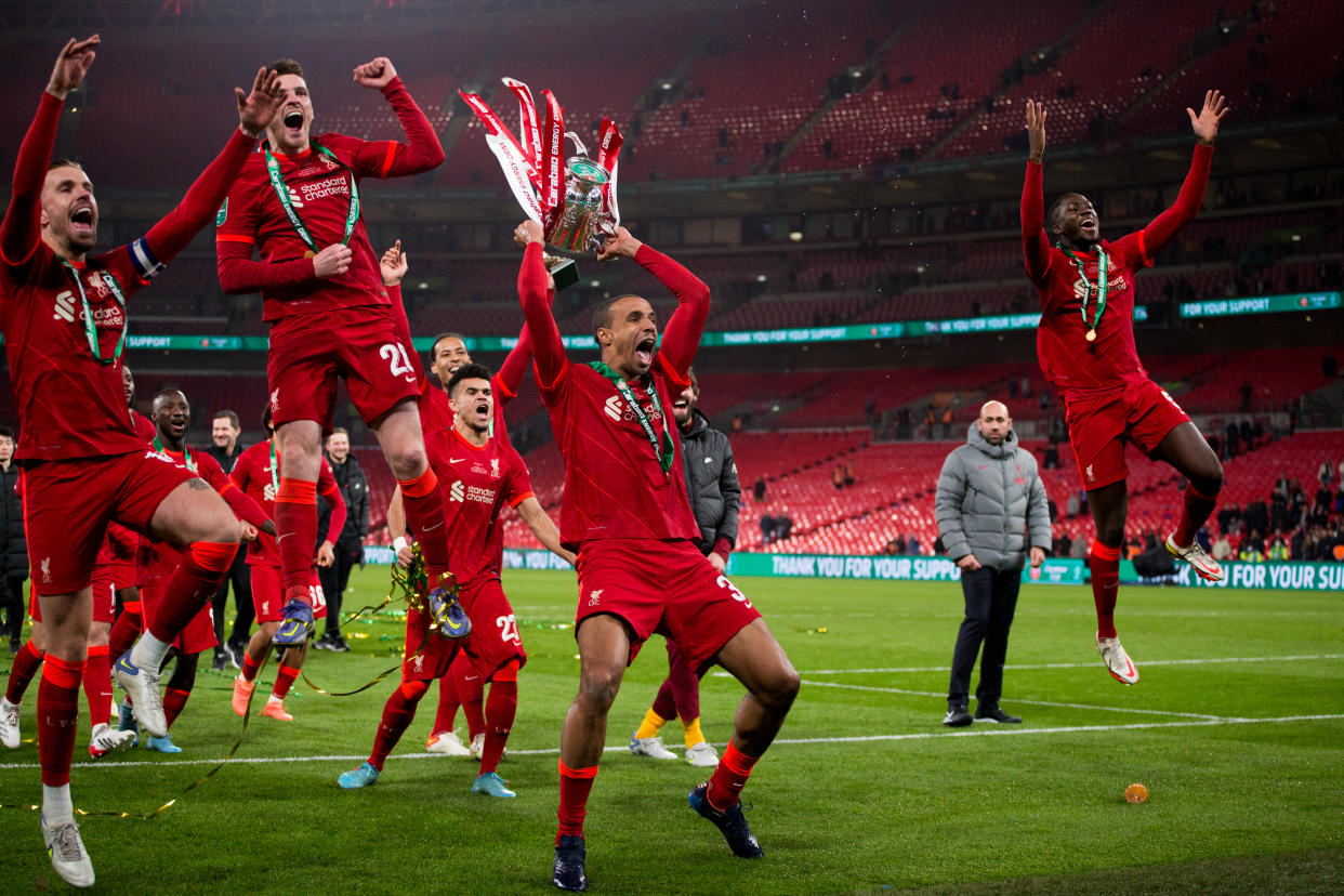 Liverpool squad celebrates after win during the Carabao Cup Final between Chelsea and Liverpool at Wembley Stadium, London on Sunday 27th February 2022. (Photo by Federico Maranesi/MI News/NurPhoto via Getty Images)