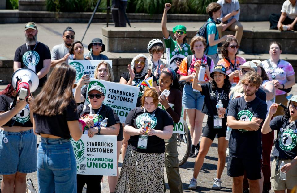 Starbucks Workers United members rally at the University of Oregon in Eugene on Aug. 2, 2023.